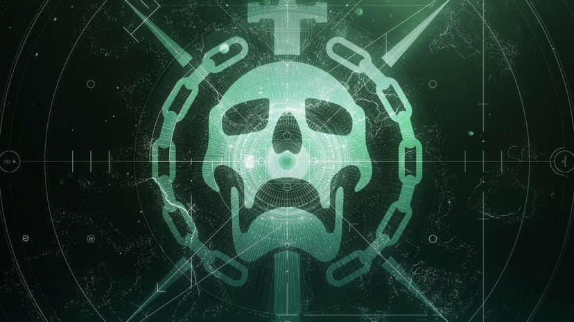 Glowing green skull centered in a circular chain with digital HUD graphics on a dark technical background.