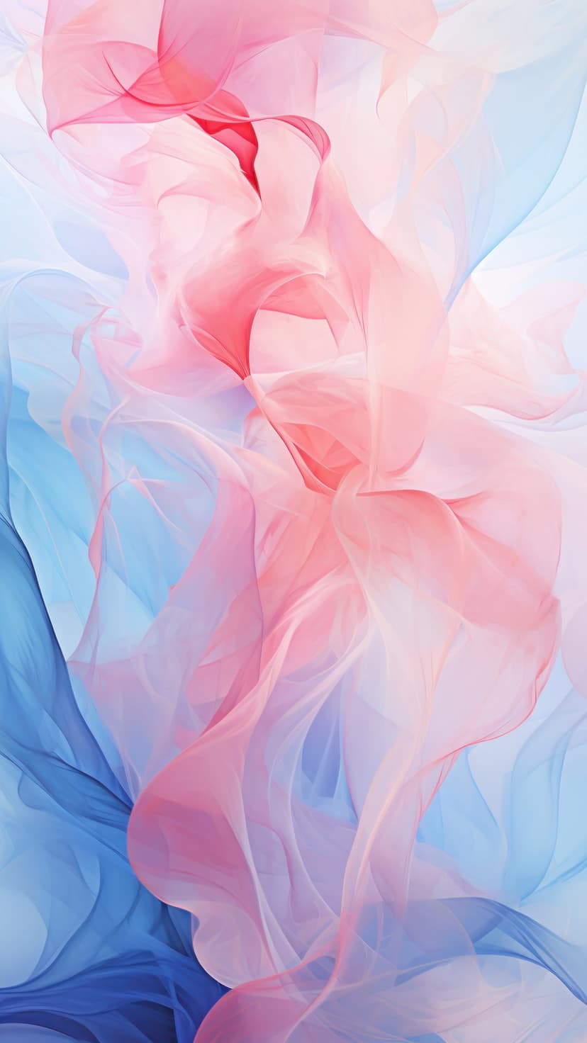 Pastel pink and blue silk-like layers flowing in a vertical composition with ethereal lighting and soft depth.