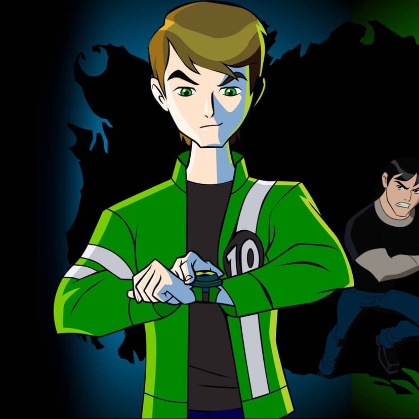 Ben Tennyson touches a glowing watch on his wrist while wearing a green jacket against a dark, foggy background.