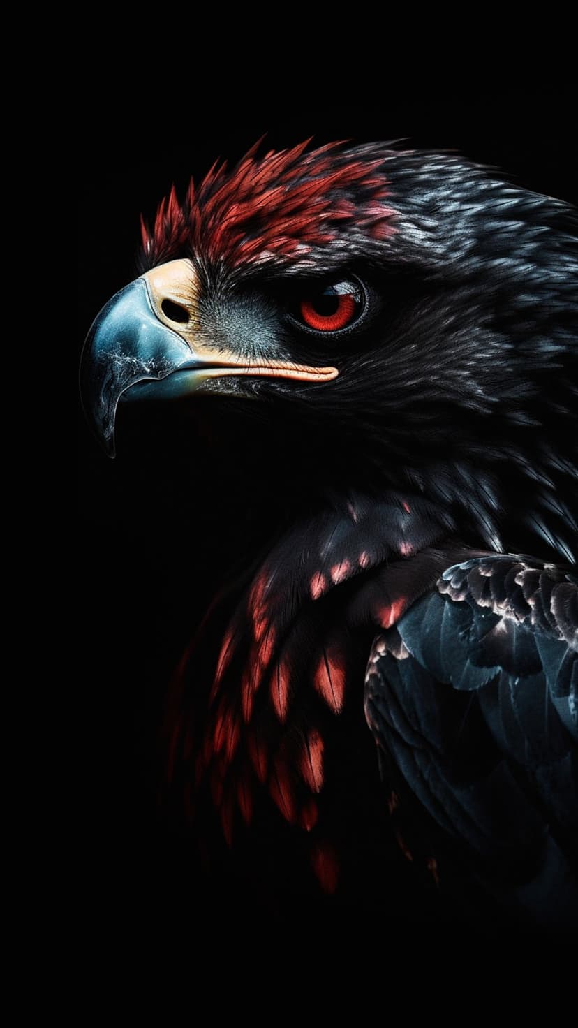 Eagle with intense red eyes and dark feathers stares forward against a solid black background in close-up.