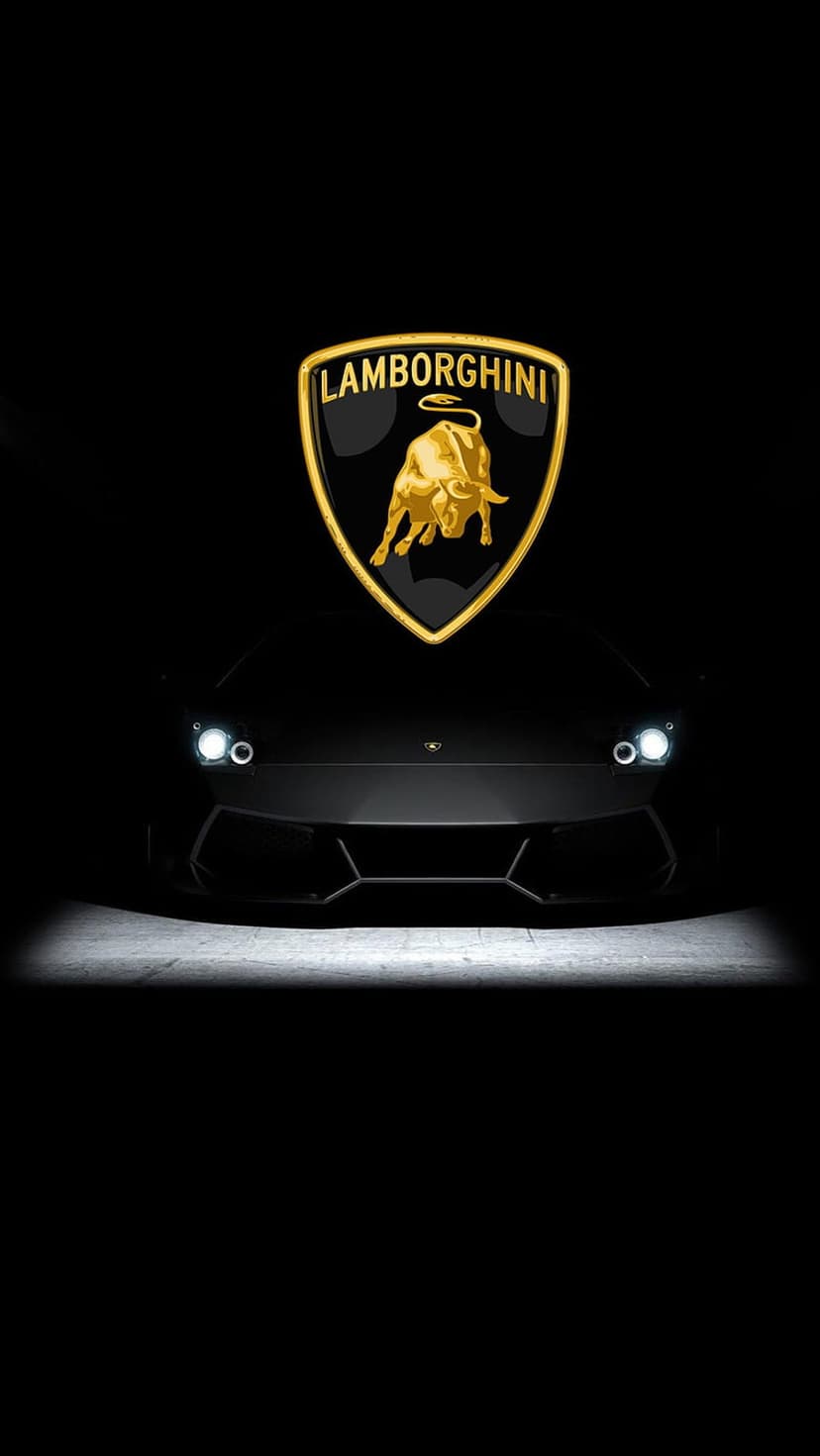 Golden Lamborghini bull crest above glowing LED headlights and the dark silhouette of a sleek supercar.