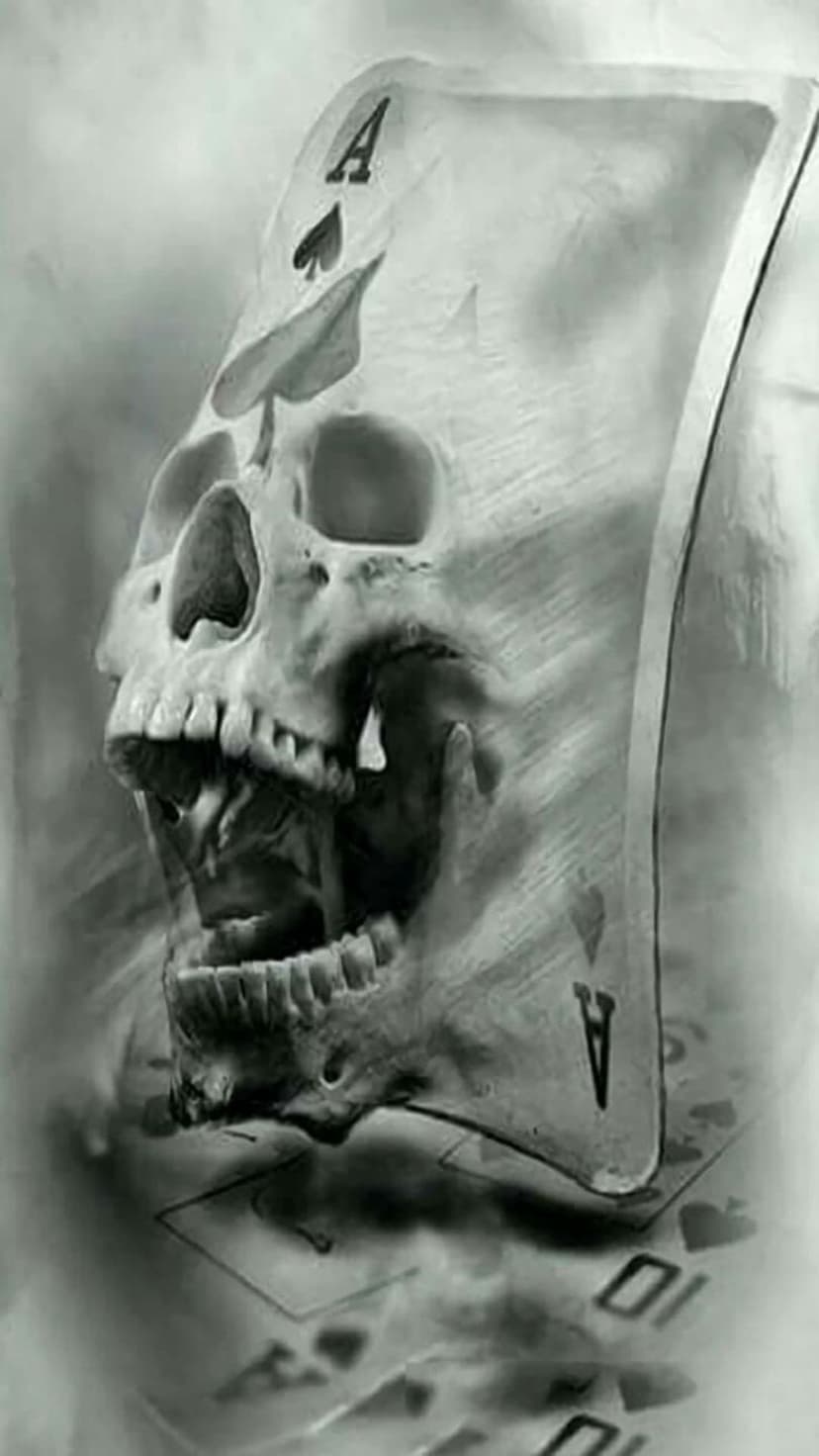 Human skull merged with an Ace of Spades playing card surrounded by floating poker cards in a dark setting.