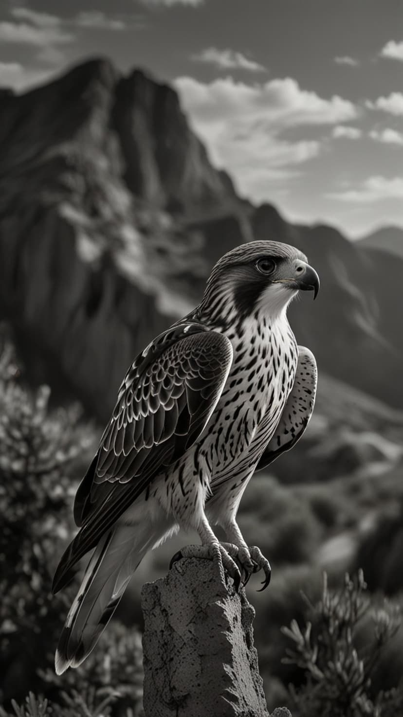 Falcon with detailed feathers sits on a sharp stone before a cloudy mountain ridge in high-contrast monochrome.
