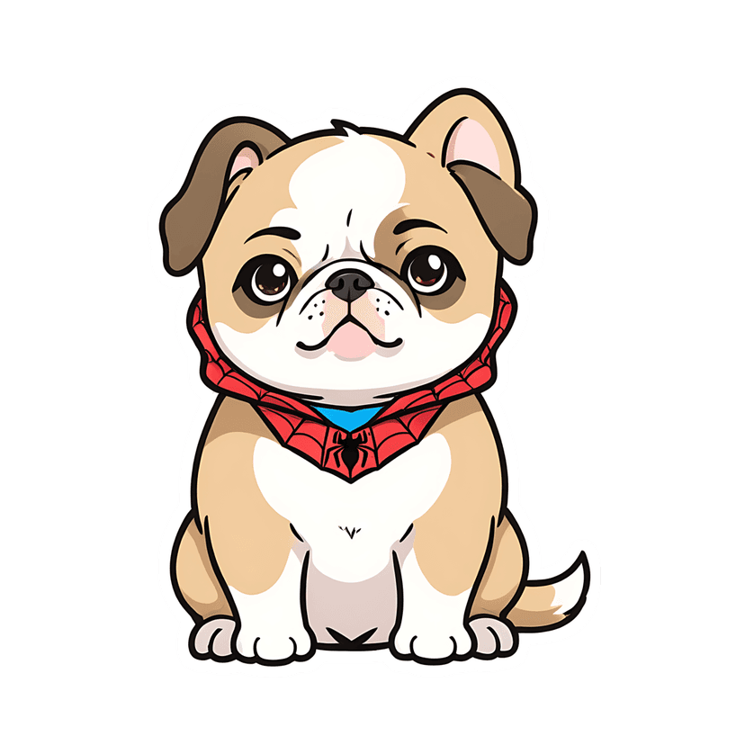 Chibi pug puppy illustration features a red spiderweb bandana and glossy eyes against a dark background.