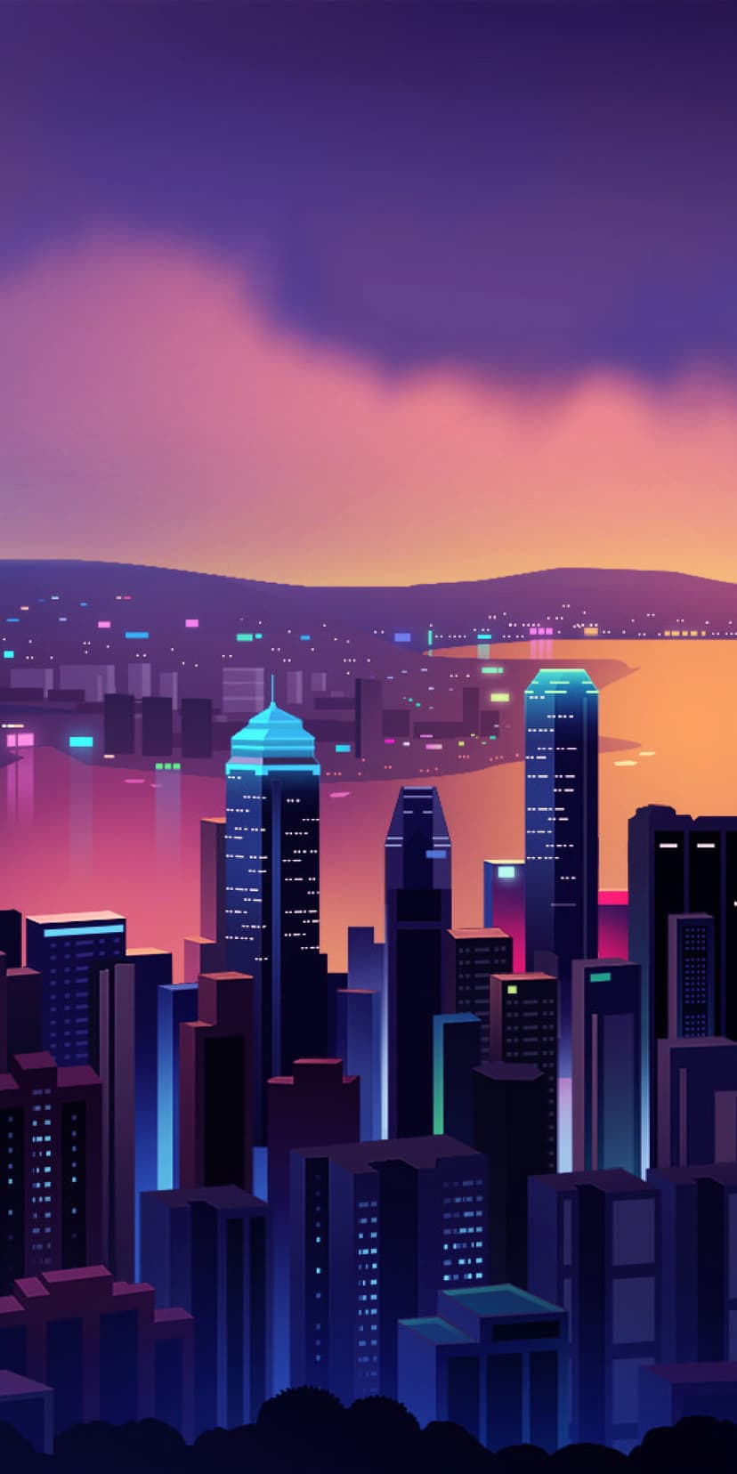 Magenta skyscrapers rise above reflective water against a purple and orange sunset sky with mountain peaks.