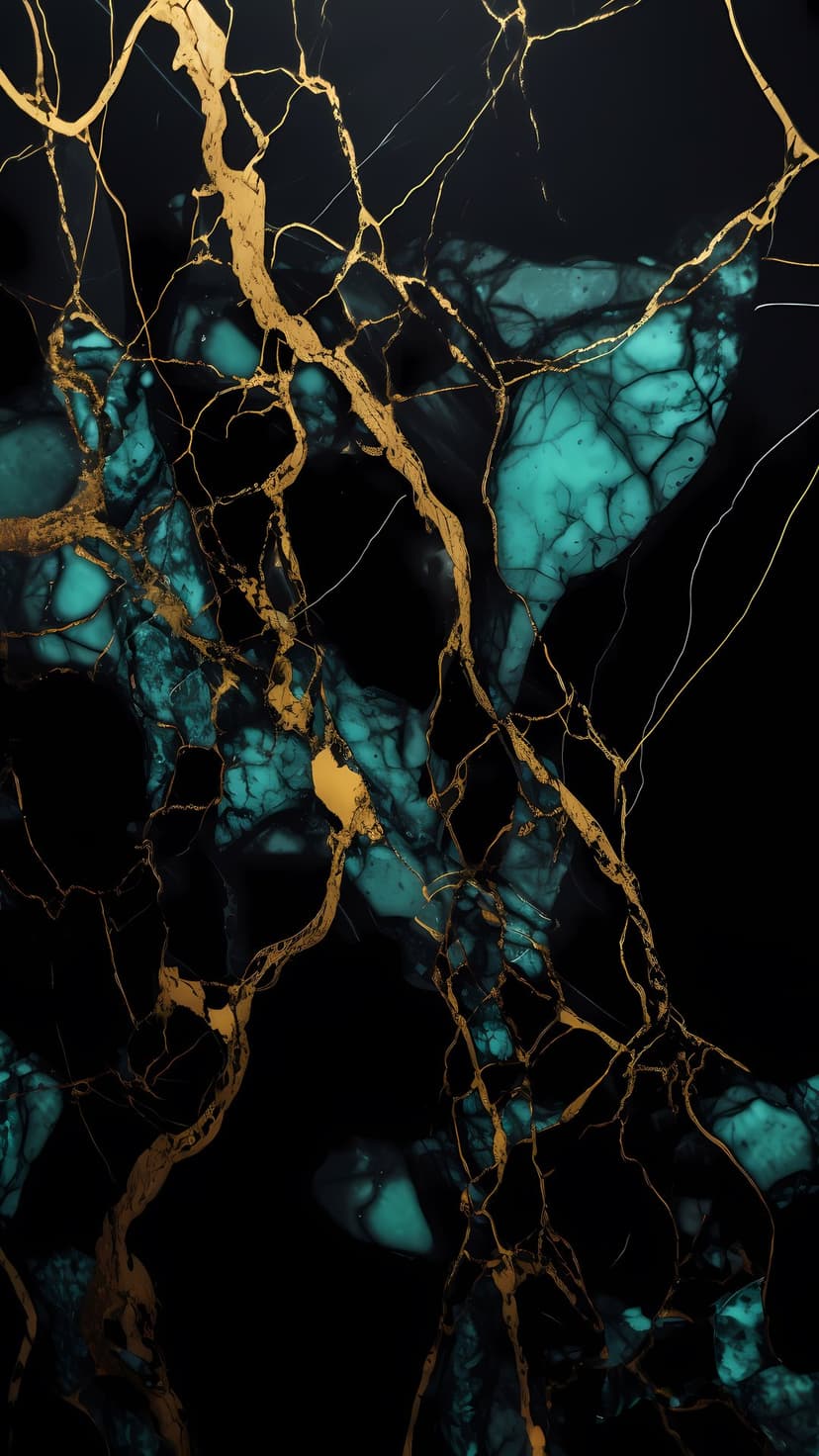 Black marble surface with glowing turquoise mineral deposits and branching metallic gold veins throughout.