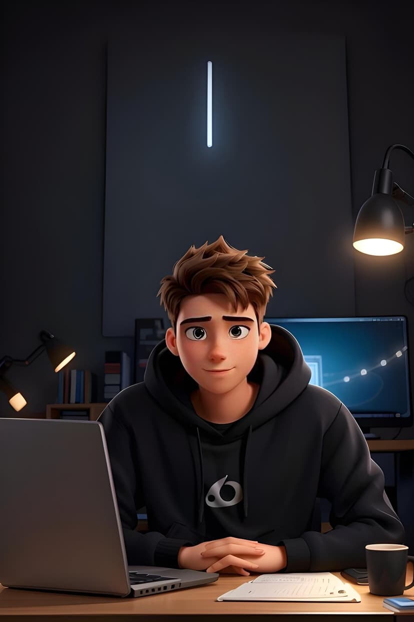 Young man in a black hoodie works at a desk with a glowing laptop and lamp in a dimly lit, dark room.