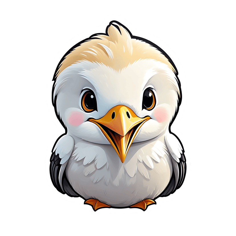 White chick bird sticker illustration with fluffy down, glossy eyes, and golden beak on transparent background.