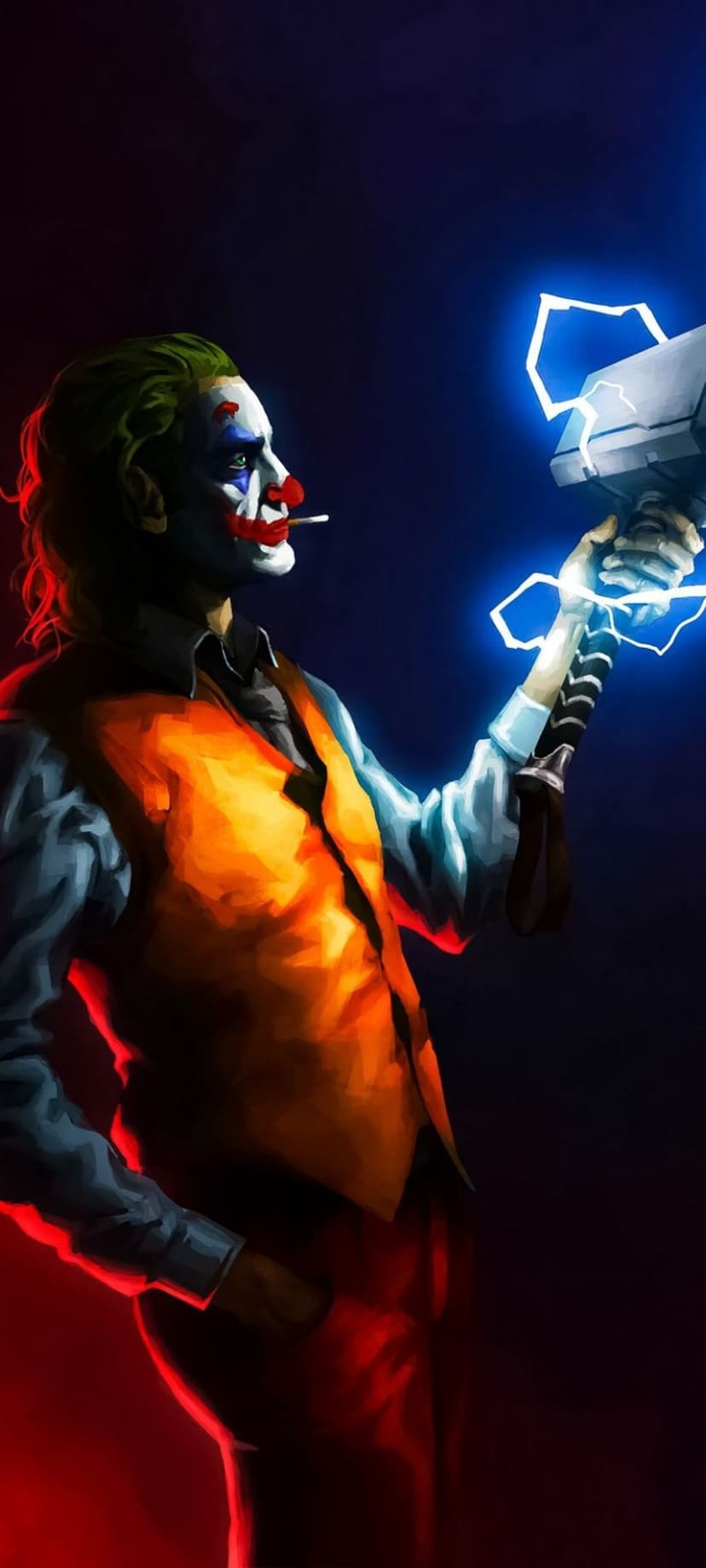 Joker grips Mjolnir as blue lightning surges around the hammer against a dark, moody background with smoke.