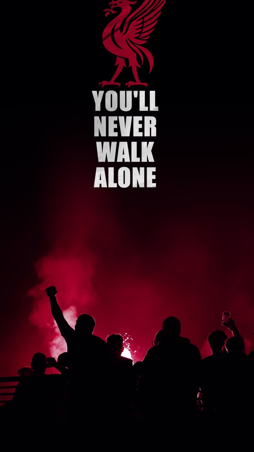 Liverpool FC crest and fans in silhouette with a red flare and the You'll Never Walk Alone text on a dark background