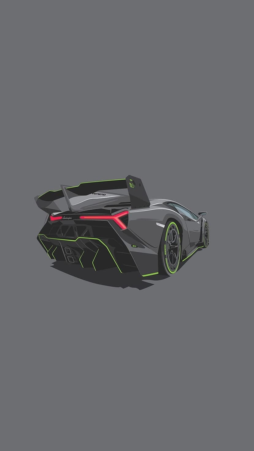 Lamborghini Veneno rear view with a large wing, lime green accents, and glowing red taillights on a grey body.