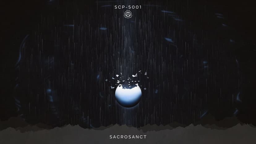 SCP 5001 mechanical structure stands in a dark forest with bioluminescent plants and glowing orange lights.