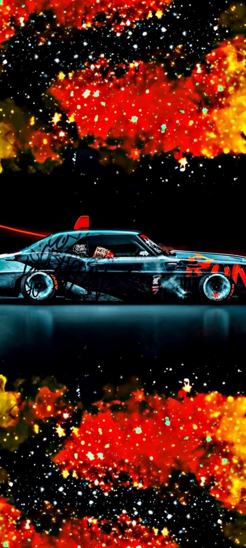 Custom drift car with graffiti artwork racing through a glowing orange nebula and starry deep space background.