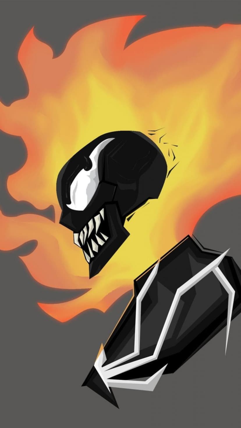 Venom with a flaming Ghost Rider skull and black armor against a backdrop of intense orange and yellow hellfire.