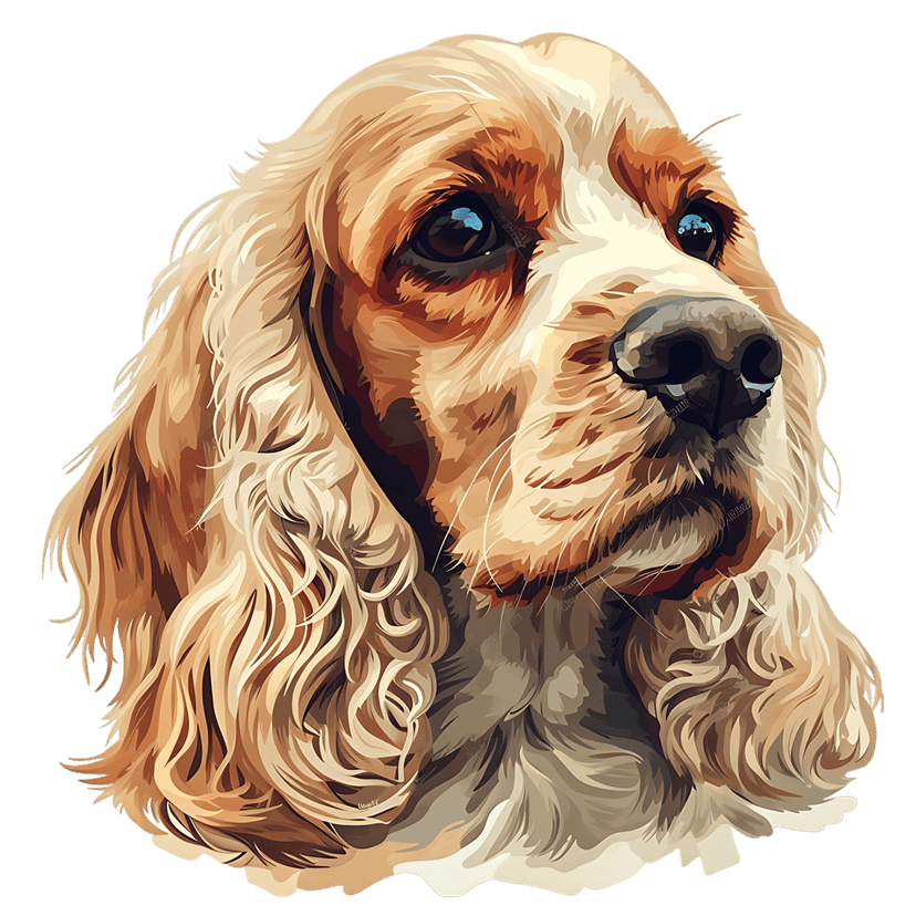 Cocker Spaniel dog with golden brown wavy fur and dark expressive eyes sits against a solid black background.