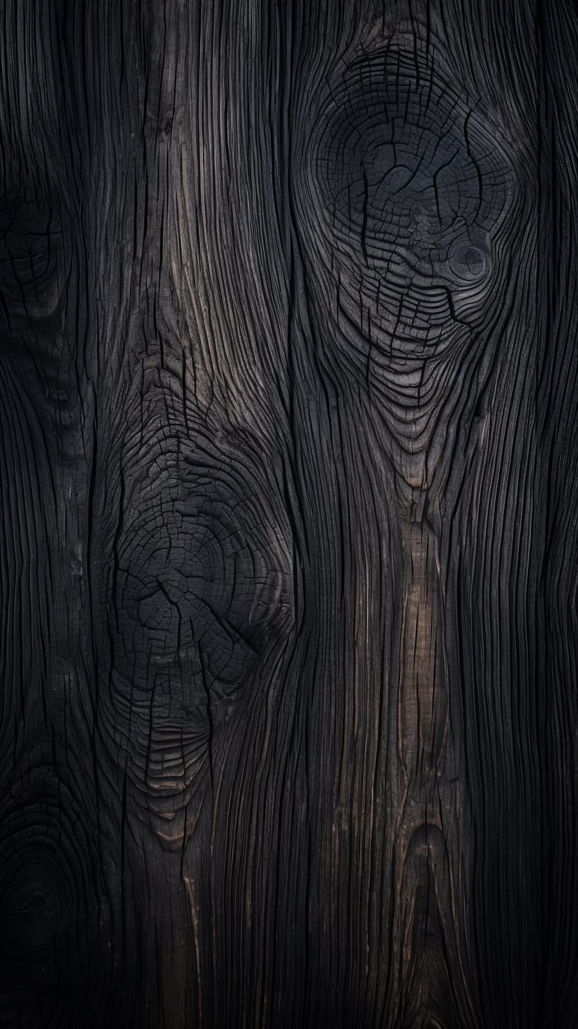 Dark weathered wood grain with two circular knots and deep fissures in a vertical timber plank composition.