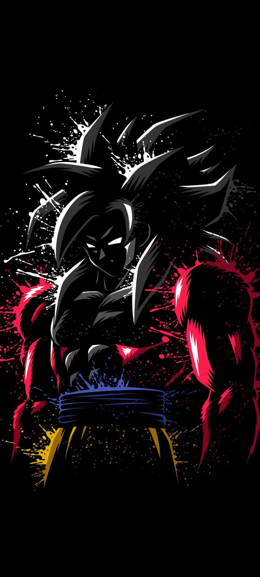 Goku in Super Saiyan 4 form with black hair and red fur surrounded by red and white paint splatter on black.