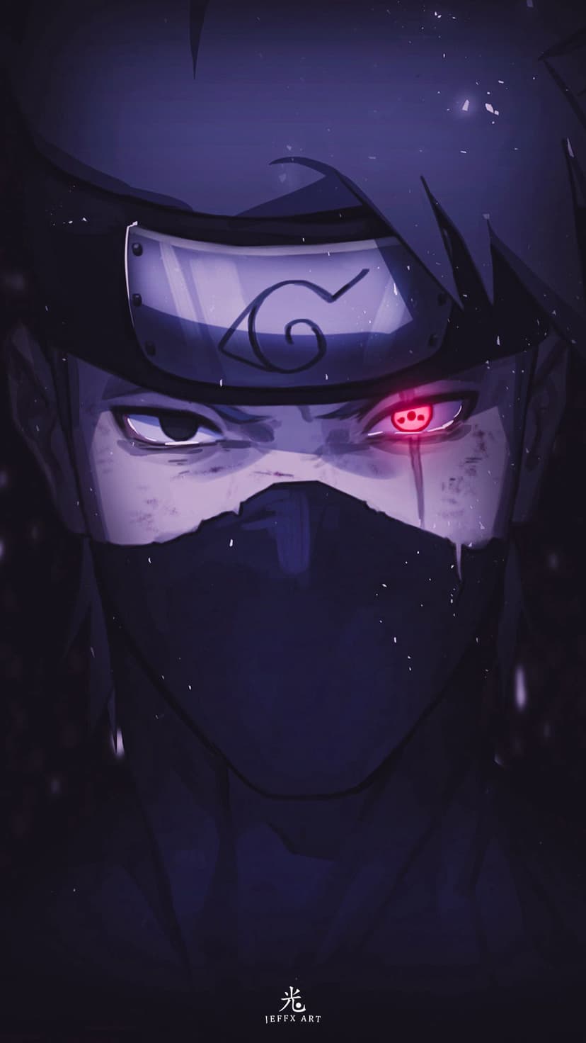 Kakashi Hatake wears a black mask and Leaf Village headband with a glowing red Sharingan eye visible in the dark.