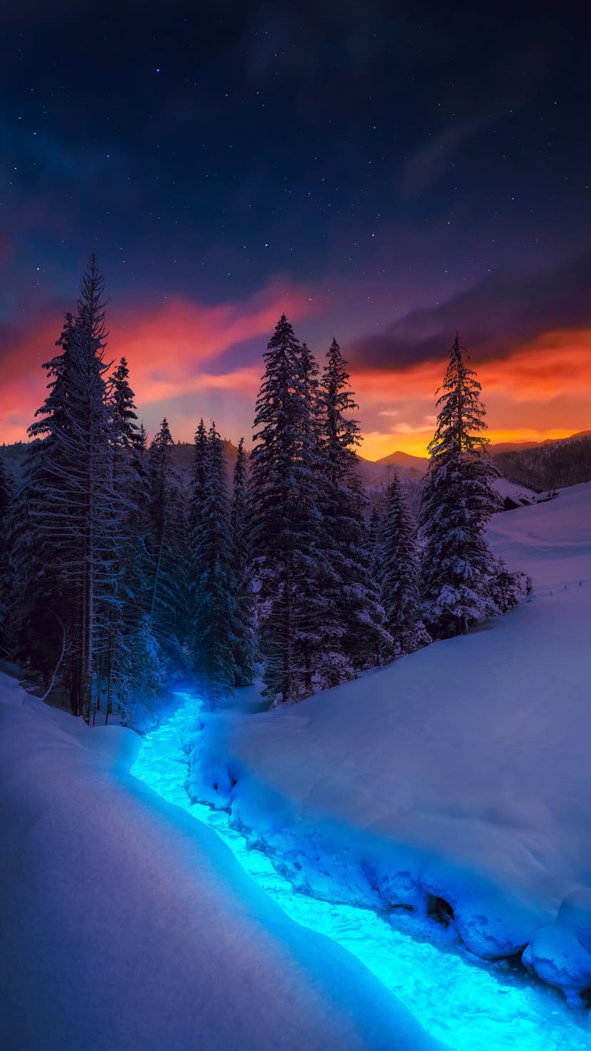 Luminous blue stream flowing through snow-covered evergreen trees under a starry orange and purple twilight sky.