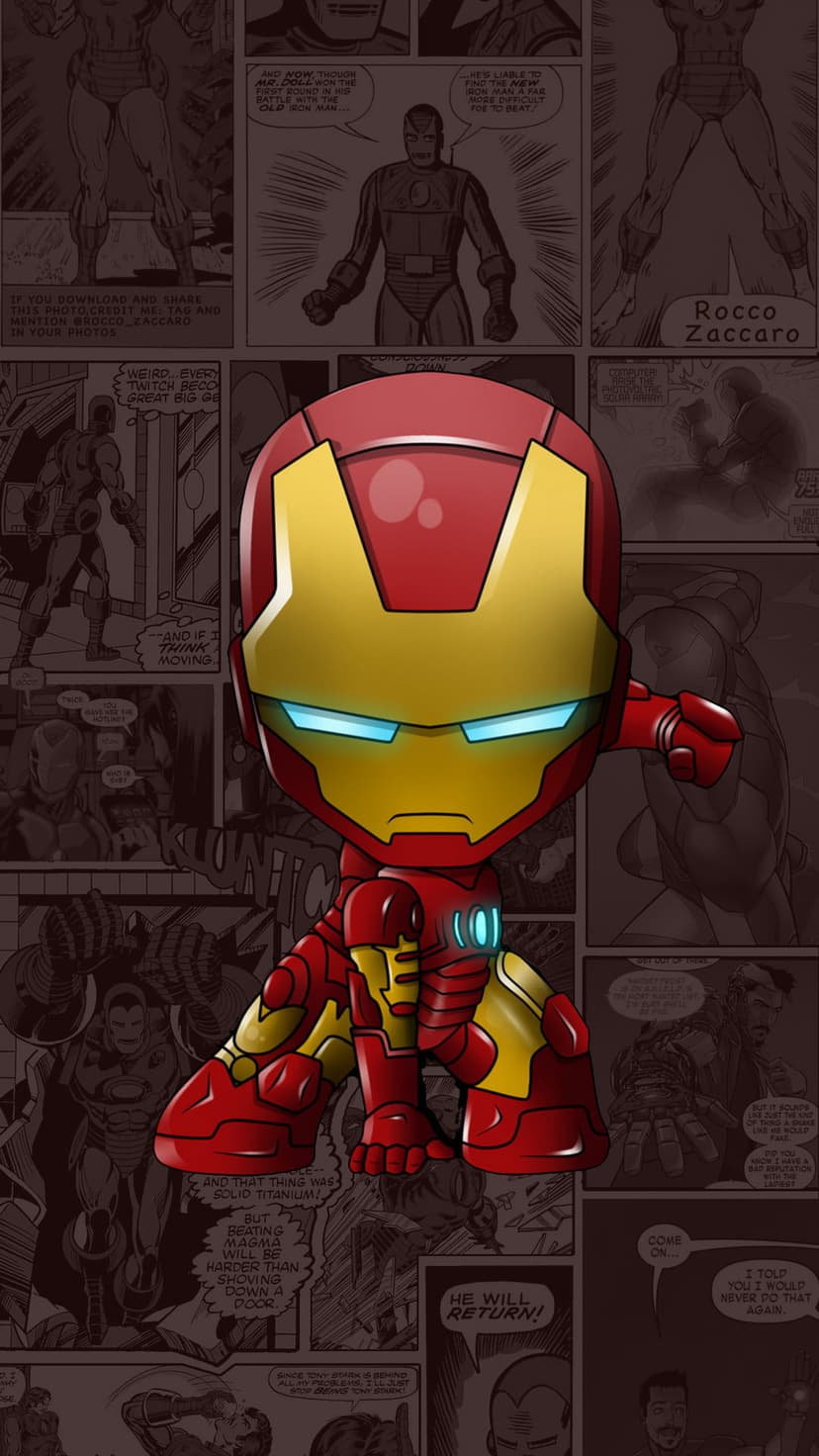 Iron Man in chibi style wearing red and gold armor with glowing blue eyes over a vintage comic book background.