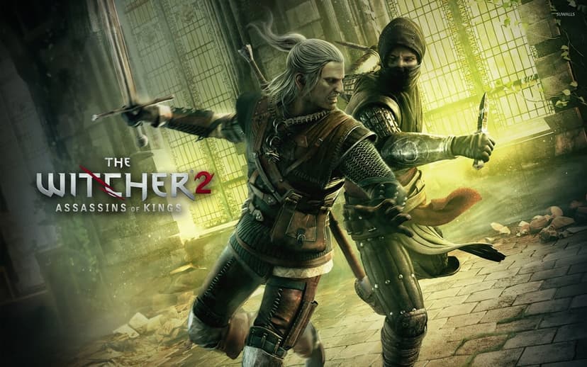 Geralt of Rivia wielding a silver sword alongside a masked warrior in a glowing green stone dungeon.