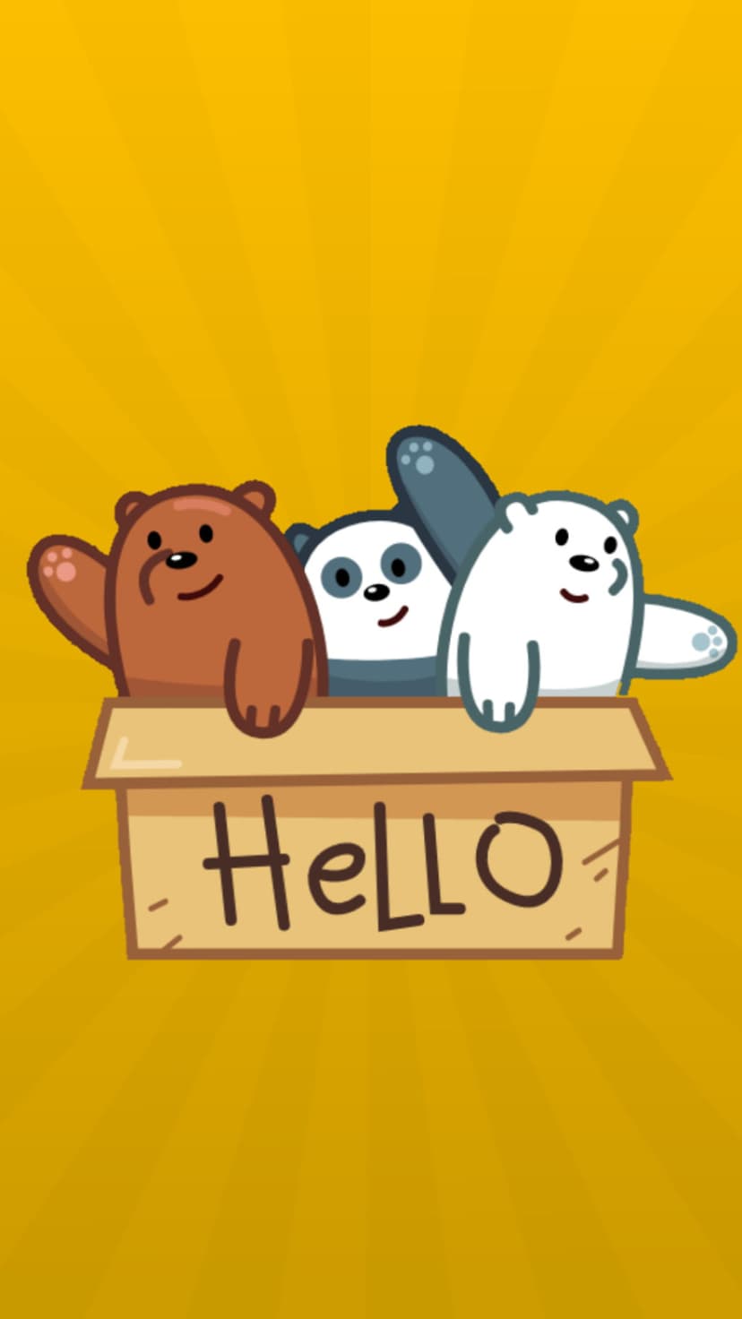 Three cartoon bears peeking out of a cardboard box labeled HELLO against a bright yellow sunburst background.