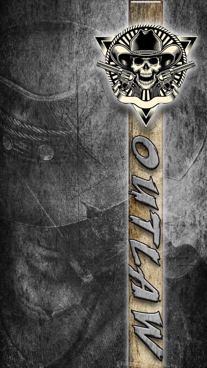 Skull wearing a wide-brimmed cowboy hat positioned above crossed revolvers and a vertical outlaw wood sign.