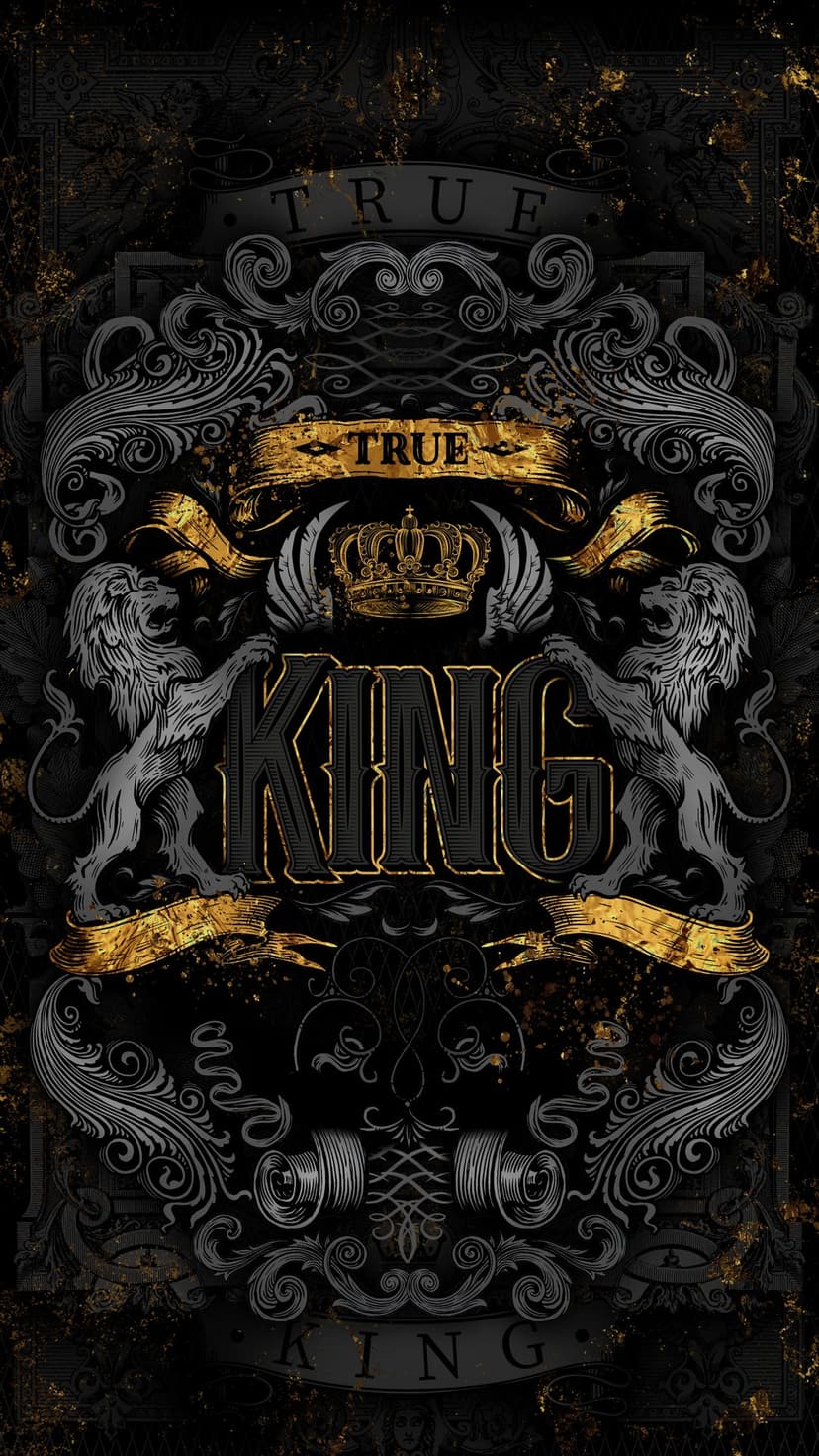 Two golden lions face each other beneath an ornate royal crown and True King text on a dark black background.