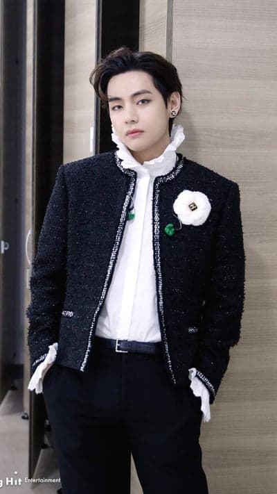 BTS V's Black Tweed Jacket with Flower Brooch Outfit