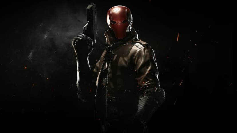 Red Hood wearing a red metallic mask holds a pistol upright amidst dark smoke and floating orange sparks.