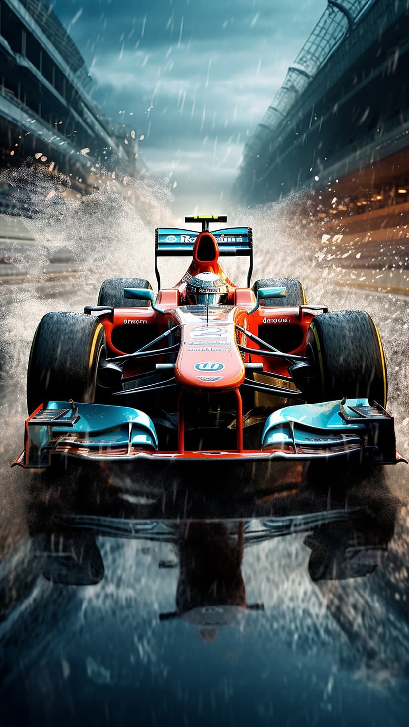 Red Formula 1 car accelerates on a wet asphalt track with intense water spray and motion-blurred grandstands.