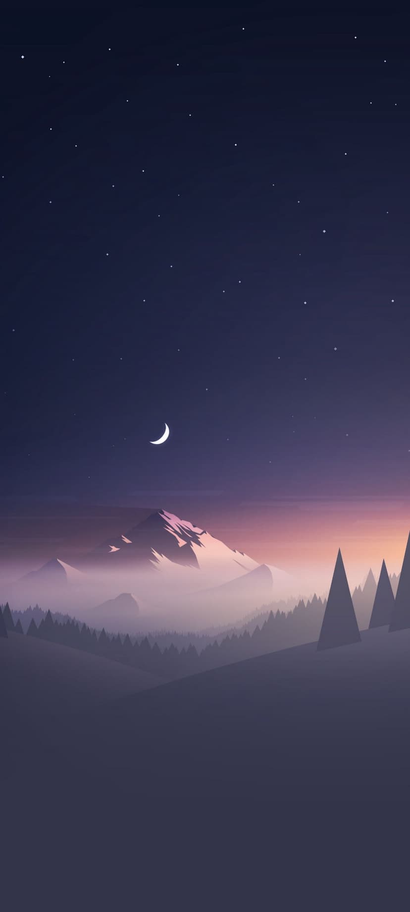 Purple mountain ranges and dark pine tree silhouettes sit beneath a thin crescent moon and scattered night stars.