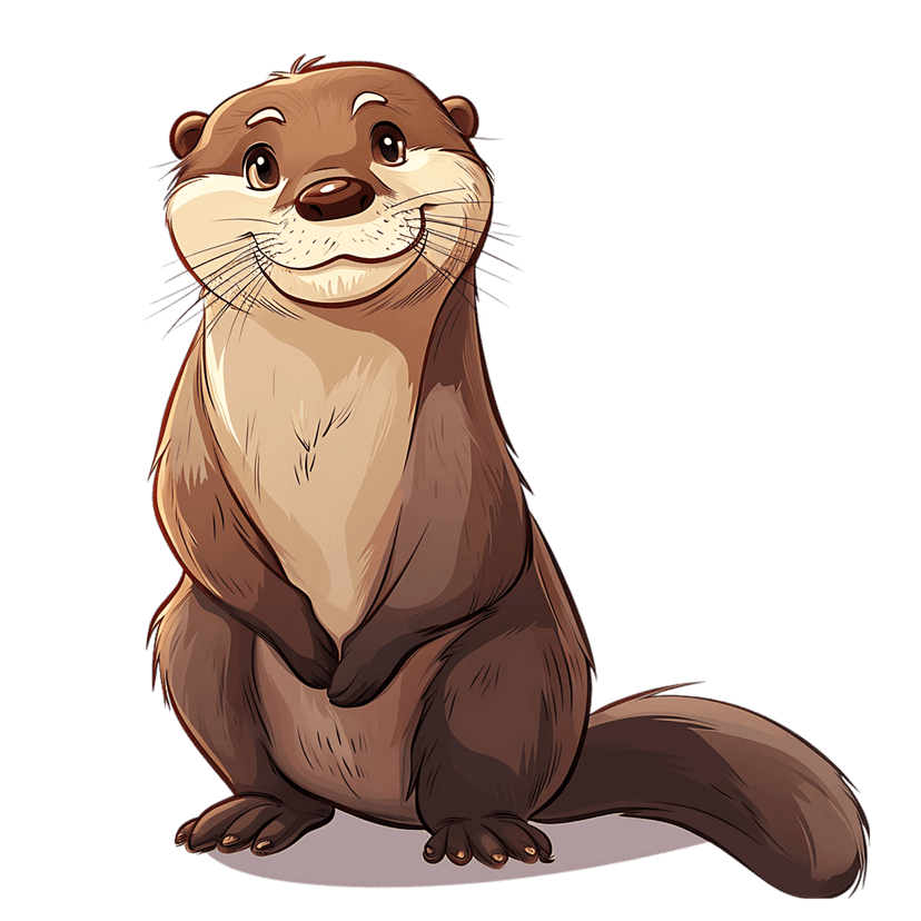 Otter digital illustration sits on a gray surface against a black backdrop with brown fur and glossy eyes.