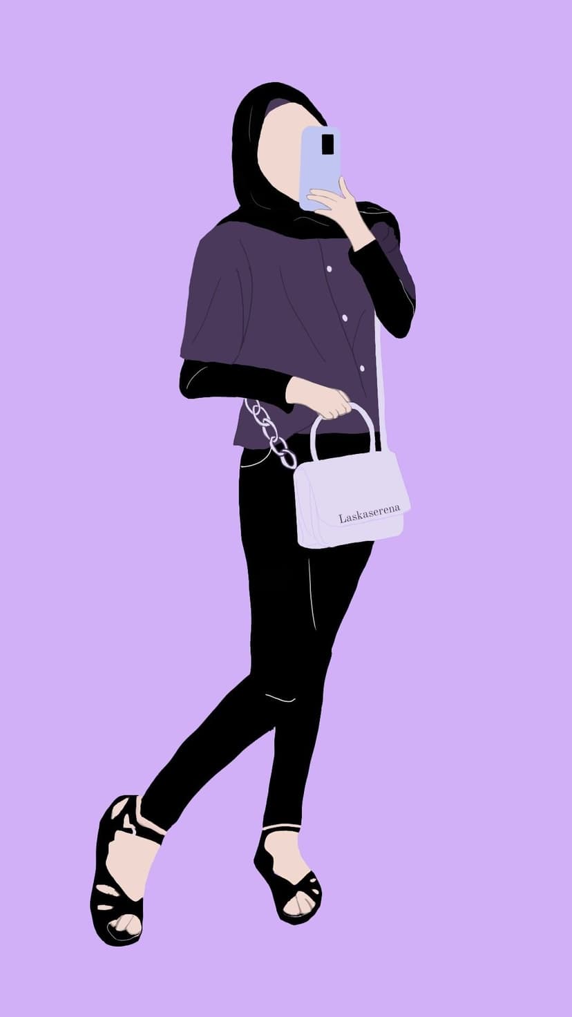 Woman wearing a black hijab and purple outfit takes a selfie while holding a white handbag with a chain strap.