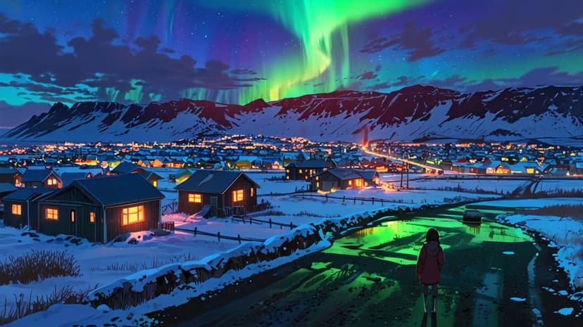 Luminous green aurora borealis dances above a snowy mountain village reflected on a wet road with a lone person.