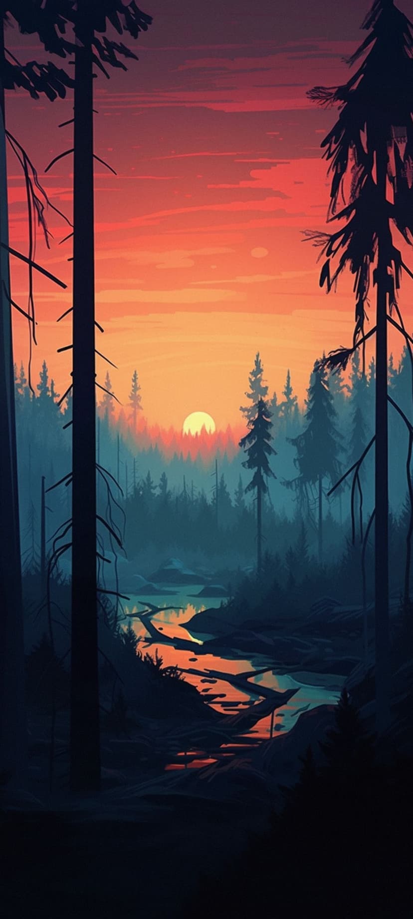 Winding river reflecting a fiery orange sunset between dark silhouettes of pine trees in a wilderness landscape.