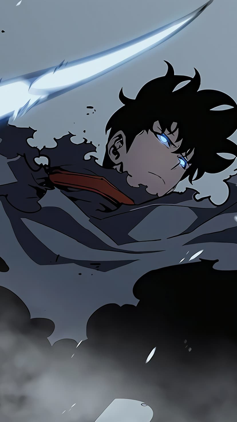 Sung Jinwoo with glowing blue eyes and dark hair stands amidst swirling black energy and a sharp blue blade.