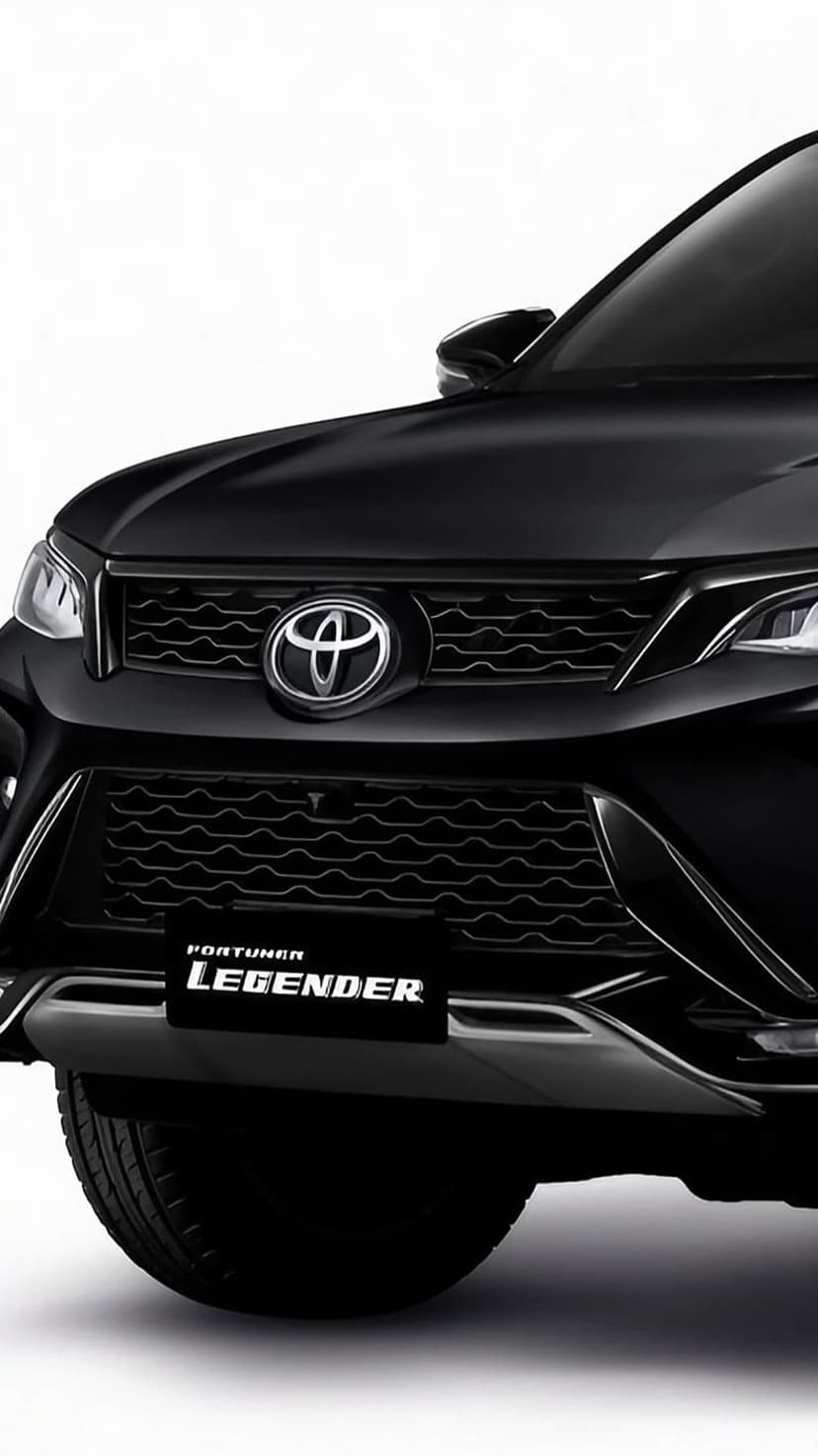Toyota Fortuner Legender front grille and LED headlights with chrome emblem on a sleek black SUV body.