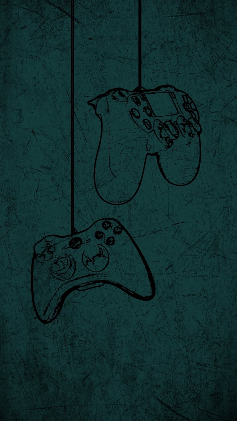 Two game controllers in a sketched outline style hang by thin lines over a dark textured teal background.