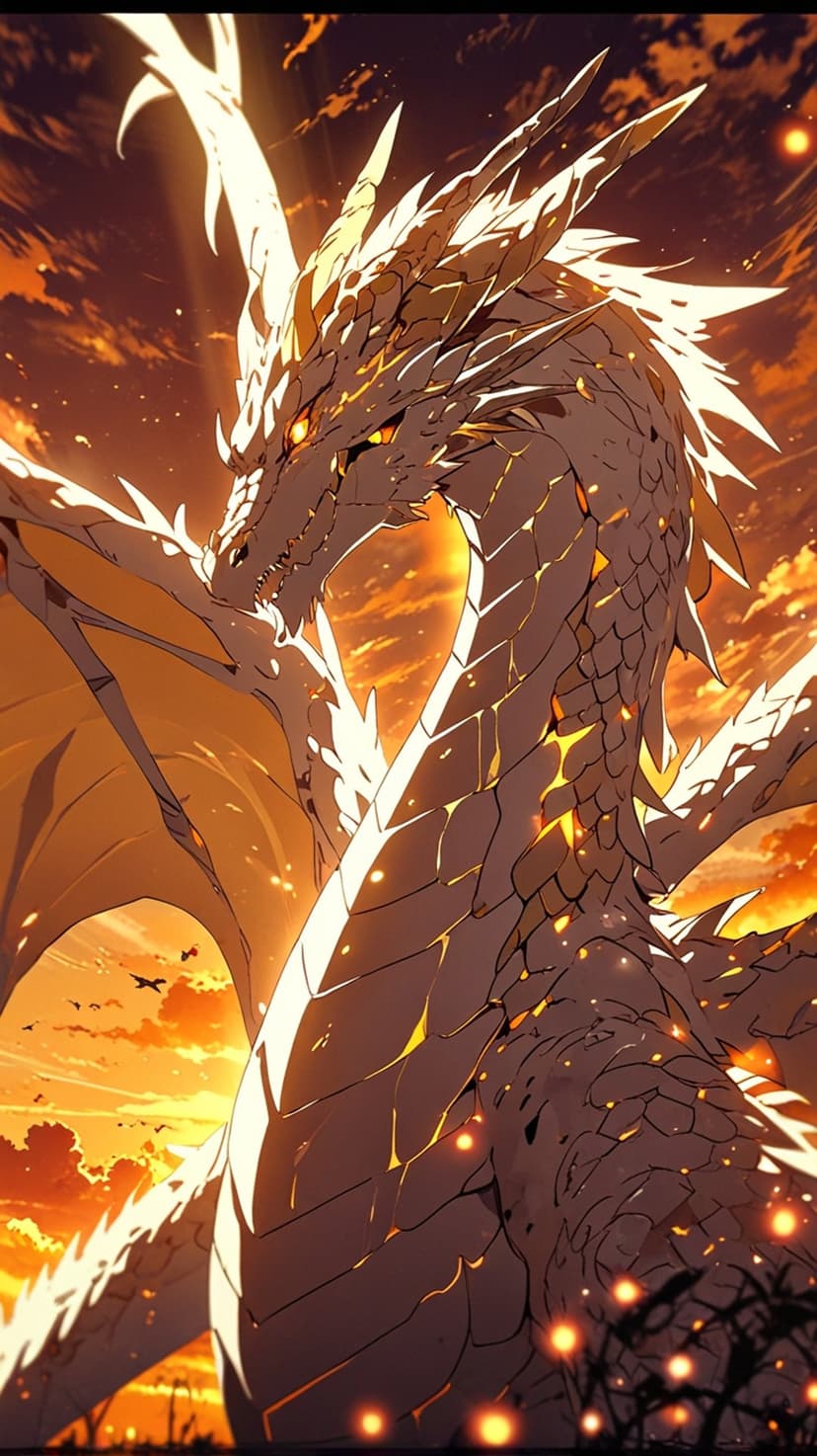 Massive white dragon with glowing eyes ascends through orange sunset clouds past silhouettes of distant birds.