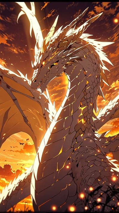 Majestic White Dragon Ascends Through Fiery Sunset Sky