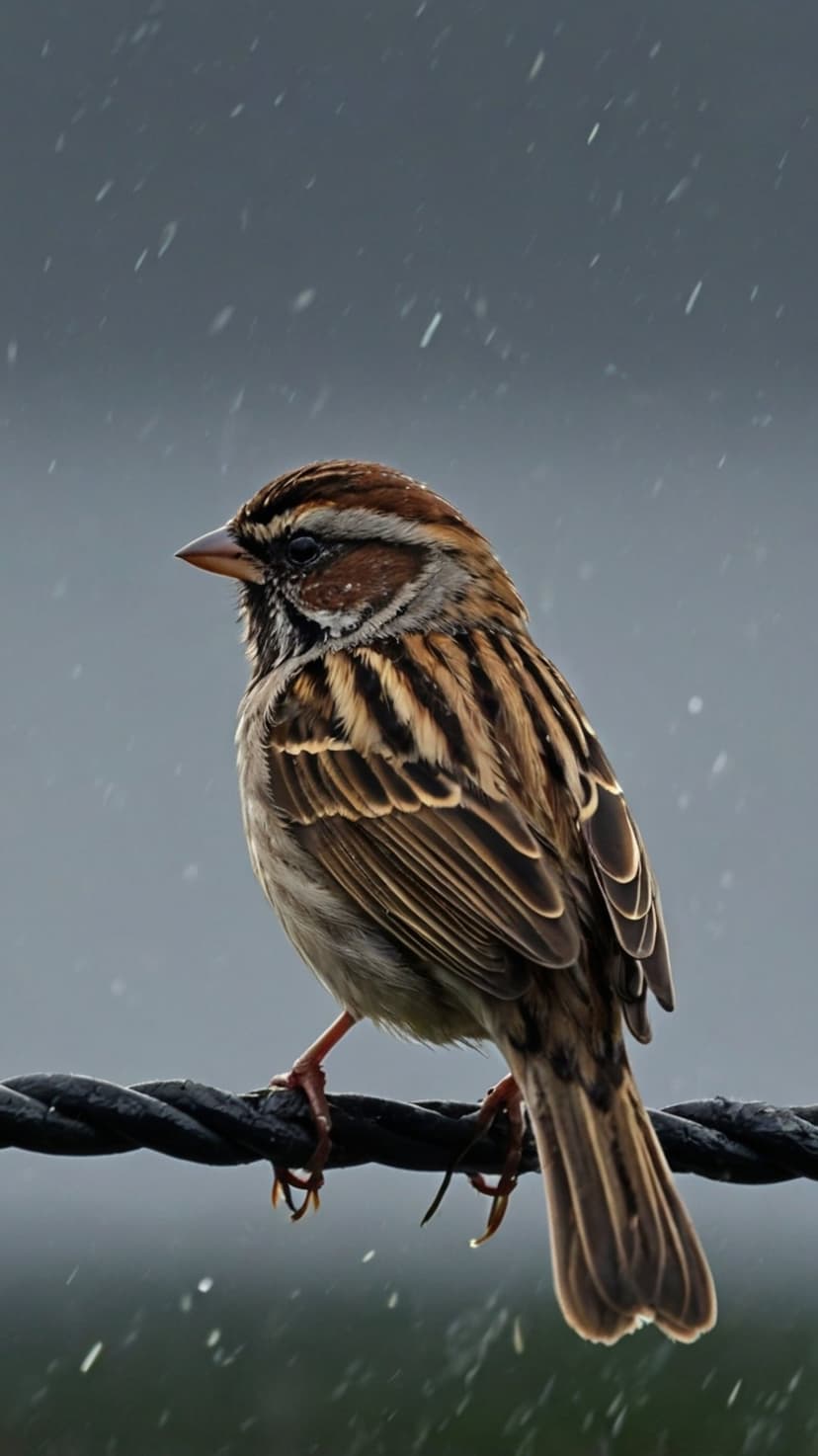 Sparrow with brown and white feathers perches on a dark wire while raindrops fall against a gray background.