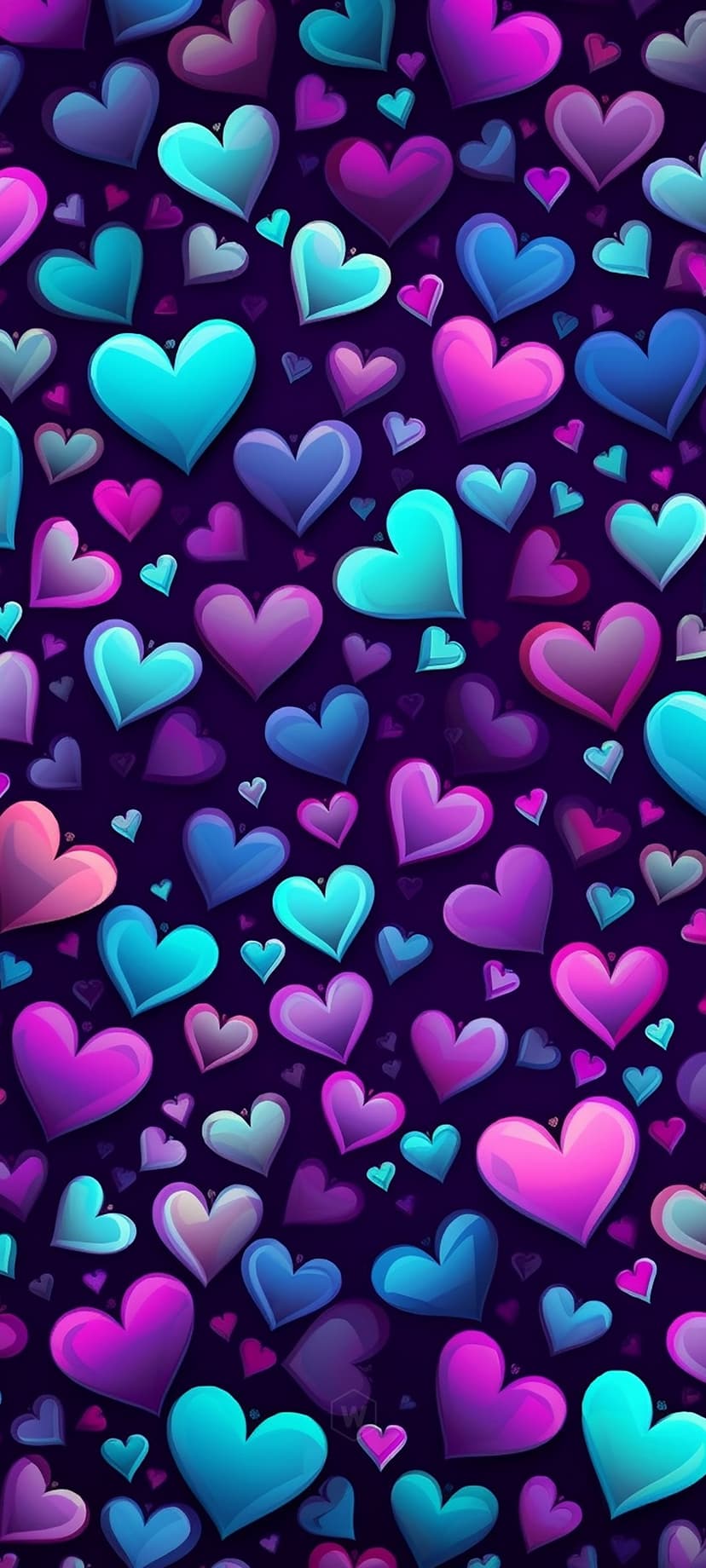 Glowing neon hearts in pink and blue shades float in a dense pattern against a black background for mobile screens.