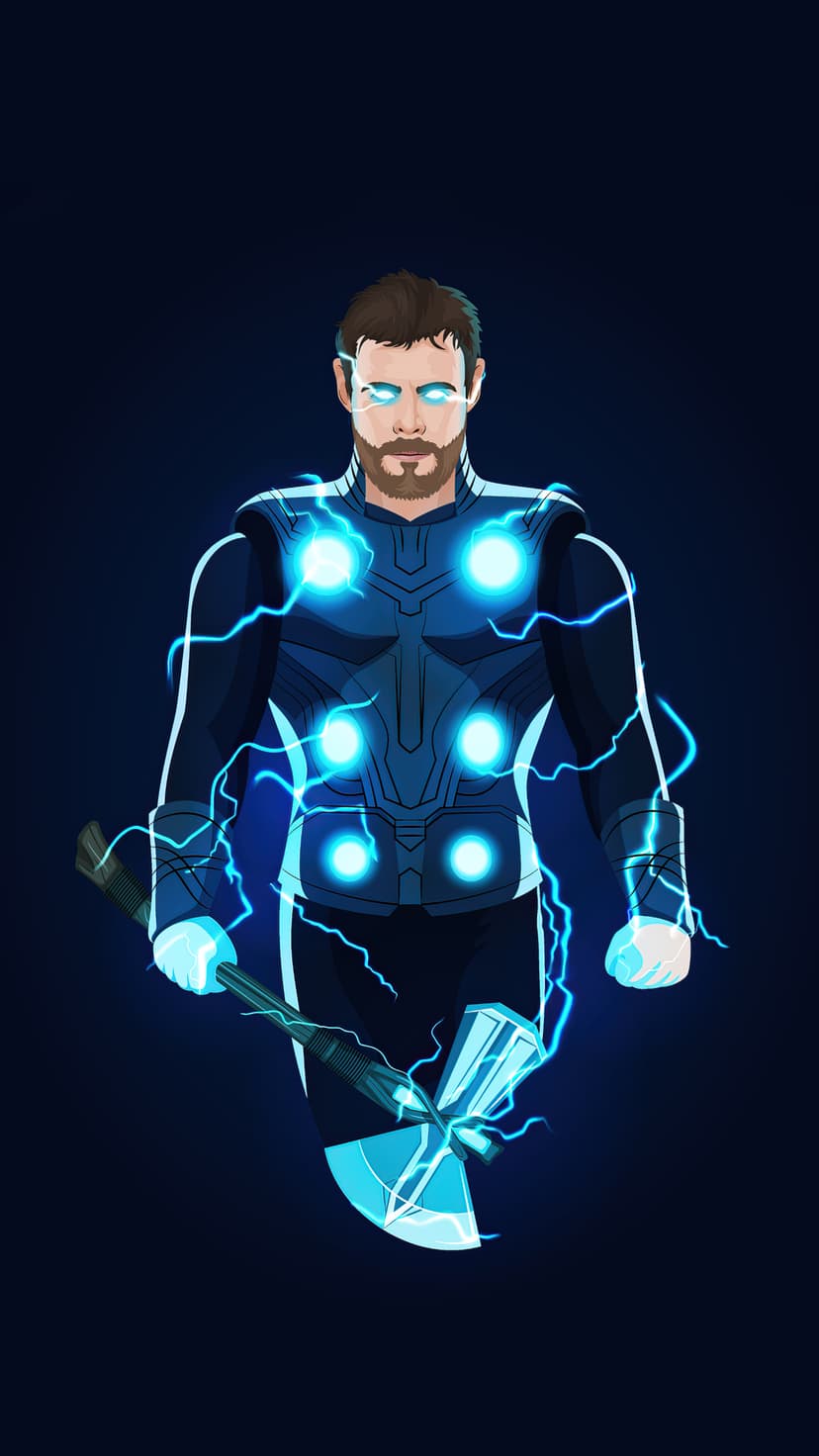 Thor grips Stormbreaker as blue lightning arcs around his glowing eyes and chest against a dark backdrop.