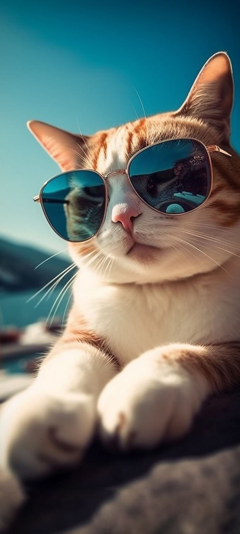 Orange tabby cat wearing blue mirrored sunglasses gazes into the distance against a bright, clear blue sky.