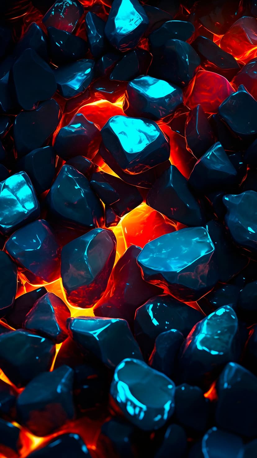 Glowing orange lava flows through dark jagged rocks with bright neon blue light reflecting off glossy surfaces.