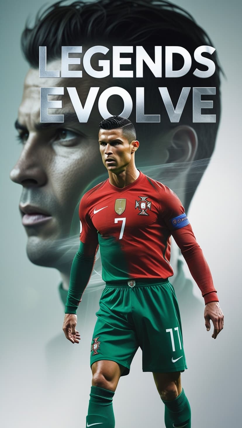 Cristiano Ronaldo in a Portugal national jersey stands before bold text reading Legends Evolve on a sports poster.