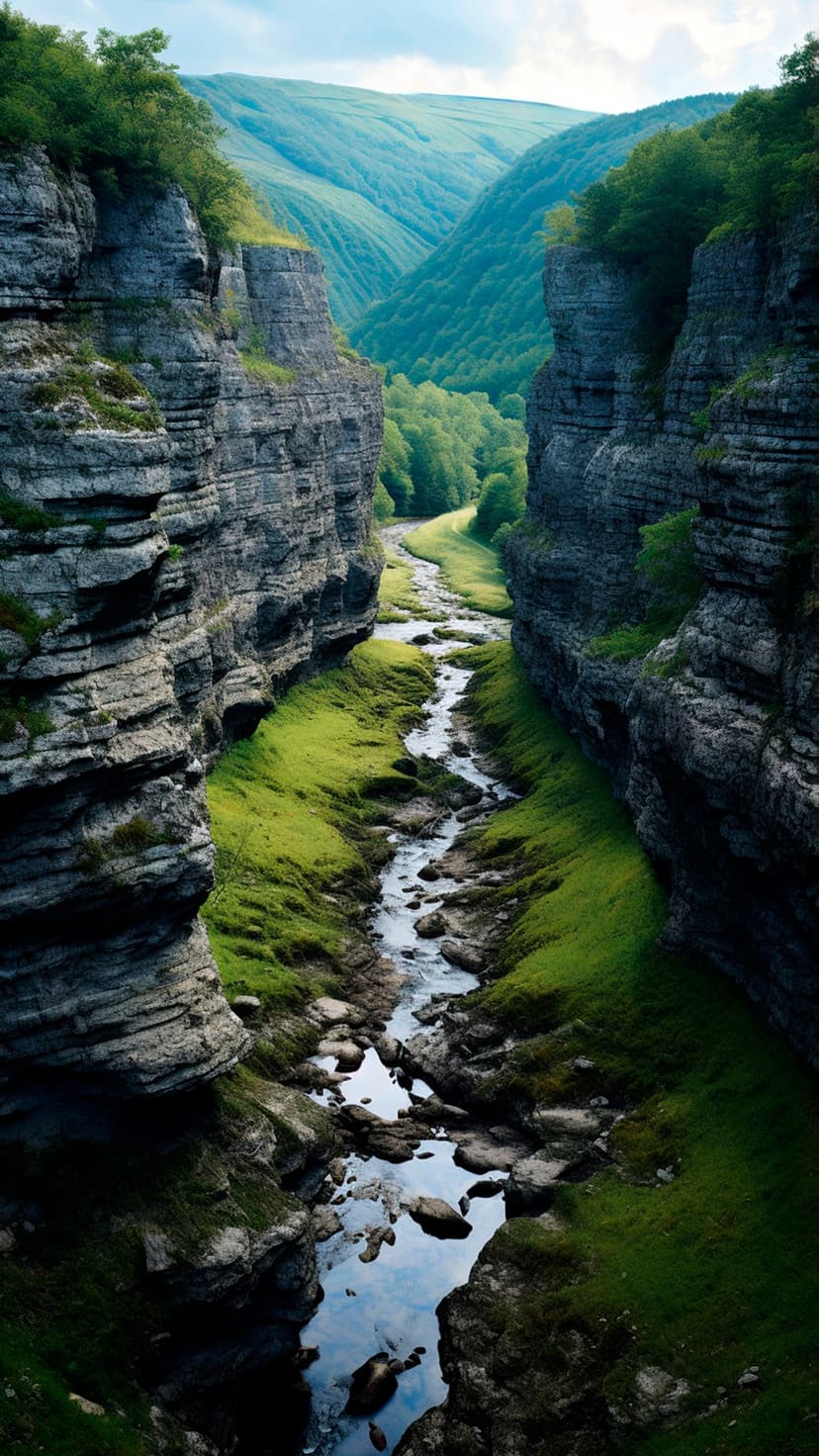 Winding blue river flows through a deep canyon with grey rock walls and bright green grass under a cloudy sky.