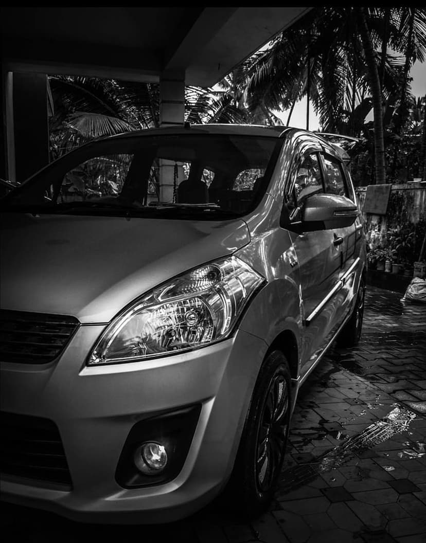 Silver car parked on wet ground reflecting in a dark puddle with tropical palm trees in the background.