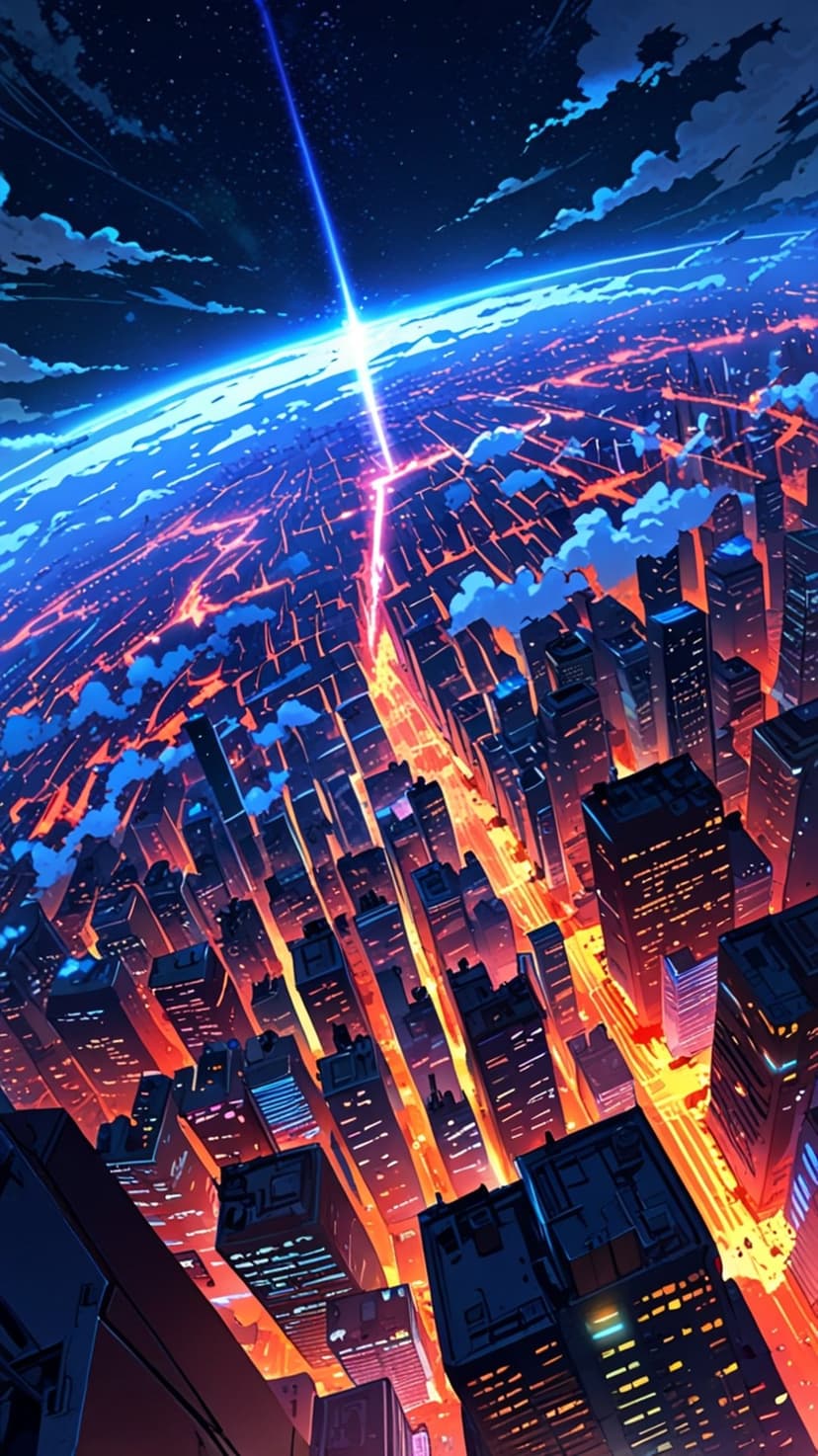 Neon skyscrapers stretching across a futuristic city under a glowing blue cosmic beam and starry night sky.